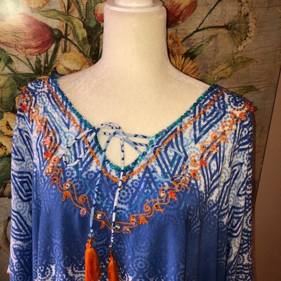 Sz M Kalypso 7 Blue & White Ombre Print Beach Coverup with Orange Embroi… - Picture 8 of 17